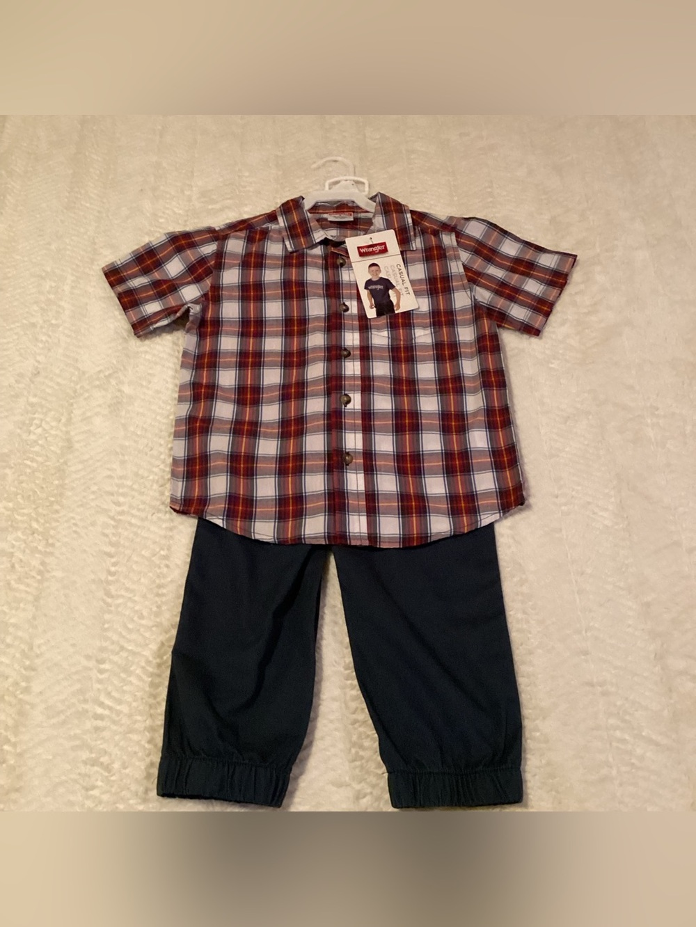 Boys Wrangler Classic Fit Plaid Button Front Short Sleeve Shirt W/ Pants Outfit